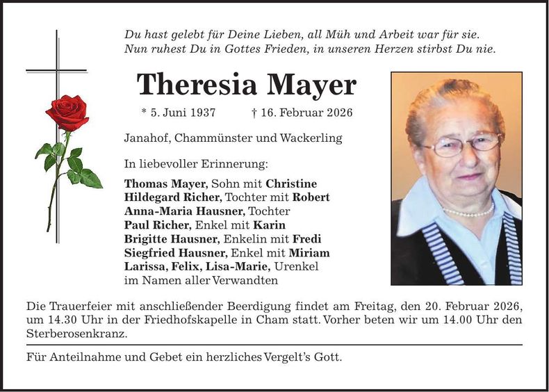 Traueranzeige Theresia Mayer
