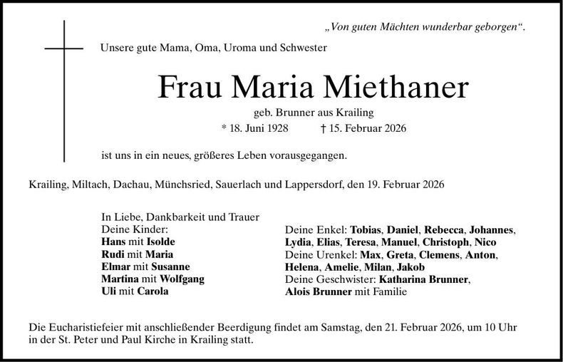 Traueranzeige Maria Miethaner