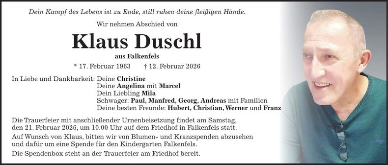 Traueranzeige Klaus Duschl