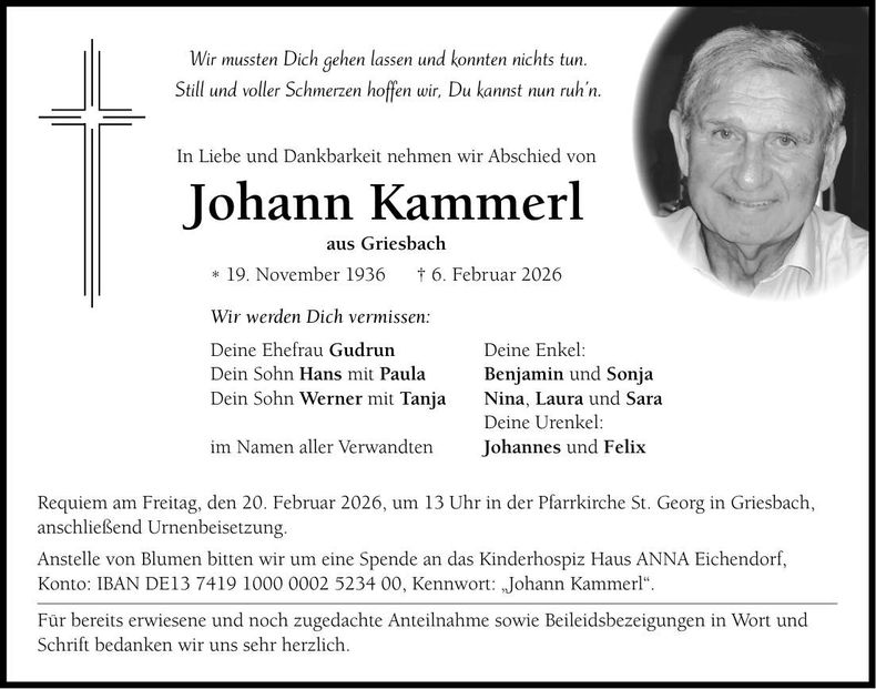 Traueranzeige Johann Kammerl