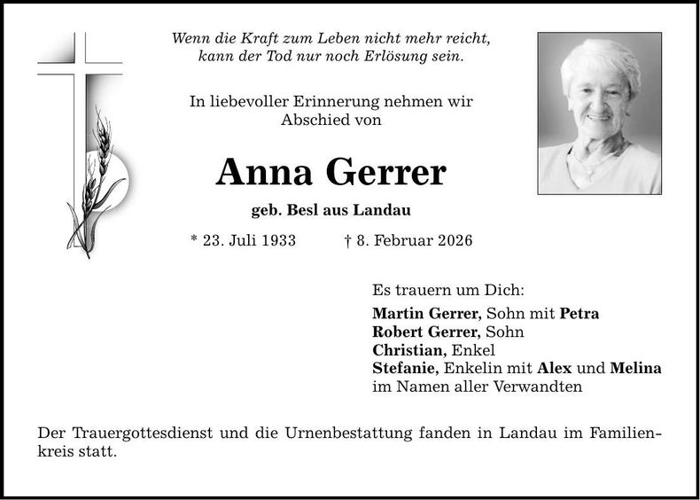 Traueranzeige Anna Gerrer