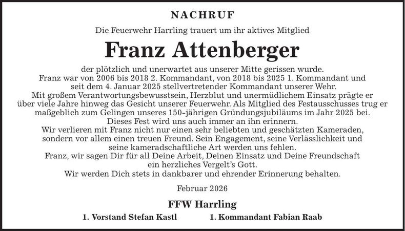 Traueranzeige Franz Attenberger