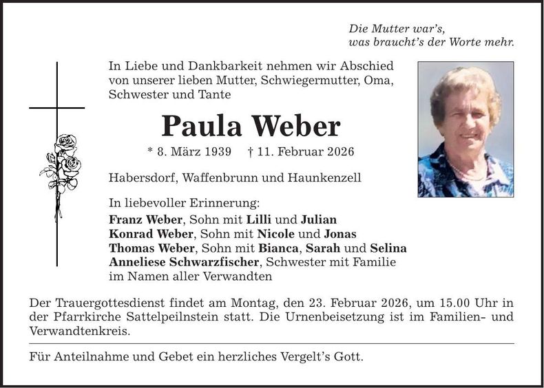 Traueranzeige Paula Weber