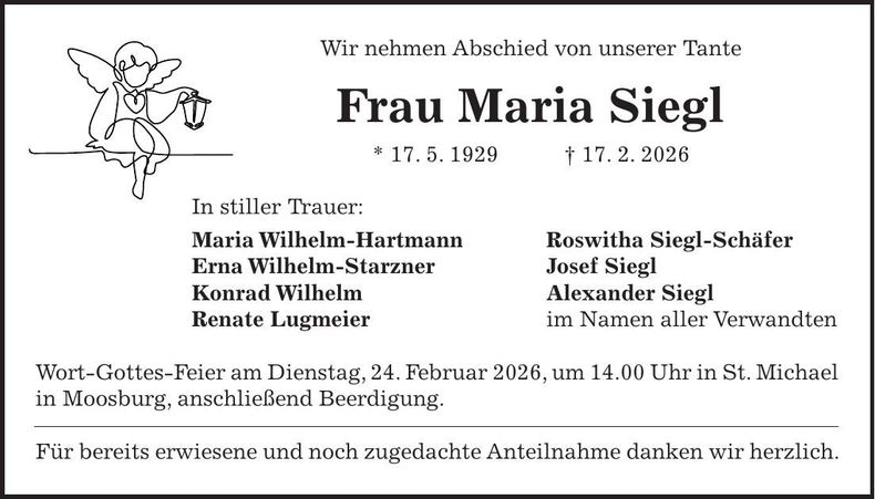 Traueranzeige Maria Siegl
