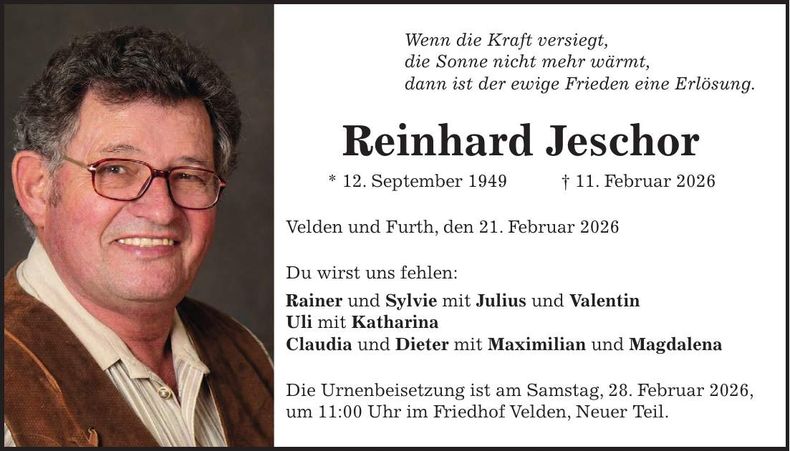 Traueranzeige Reinhard Jeschor