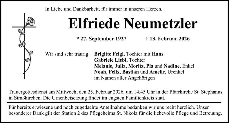 Traueranzeige Elfriede Neumetzler