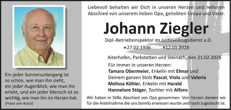 Traueranzeige Johann Ziegler