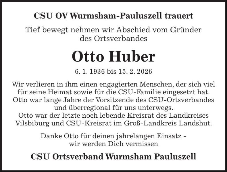 Traueranzeige Otto Huber