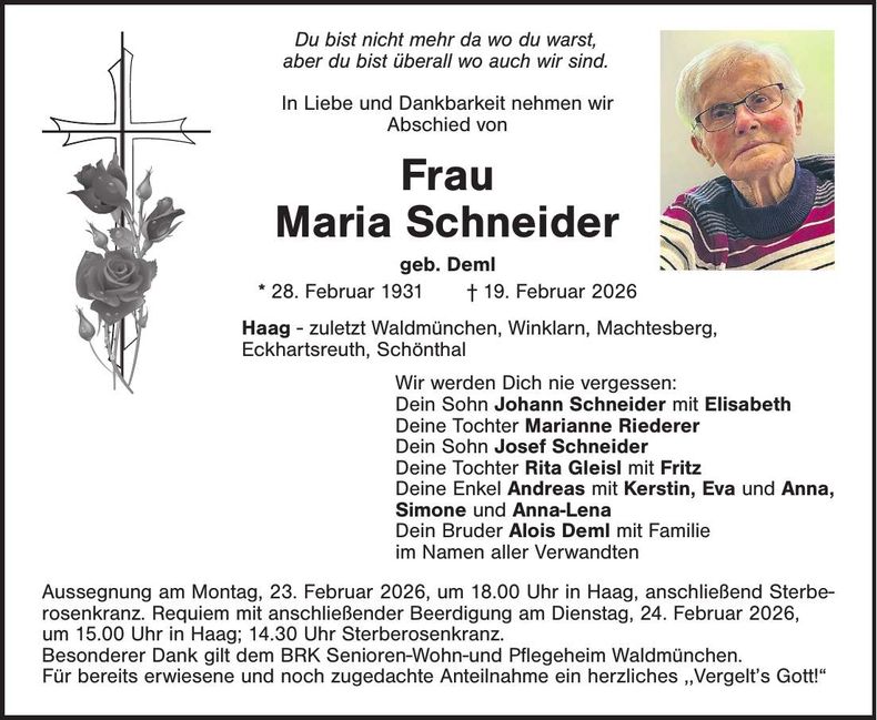 Traueranzeige Maria Schneider