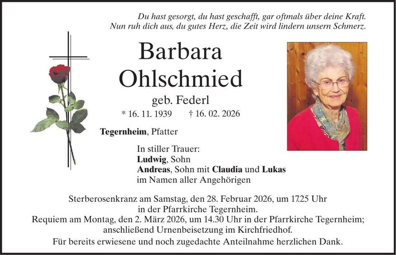 Traueranzeige Barbara Ohlschmied