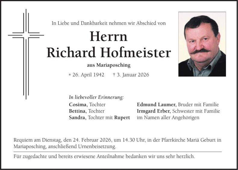 Traueranzeige Richard Hofmeister