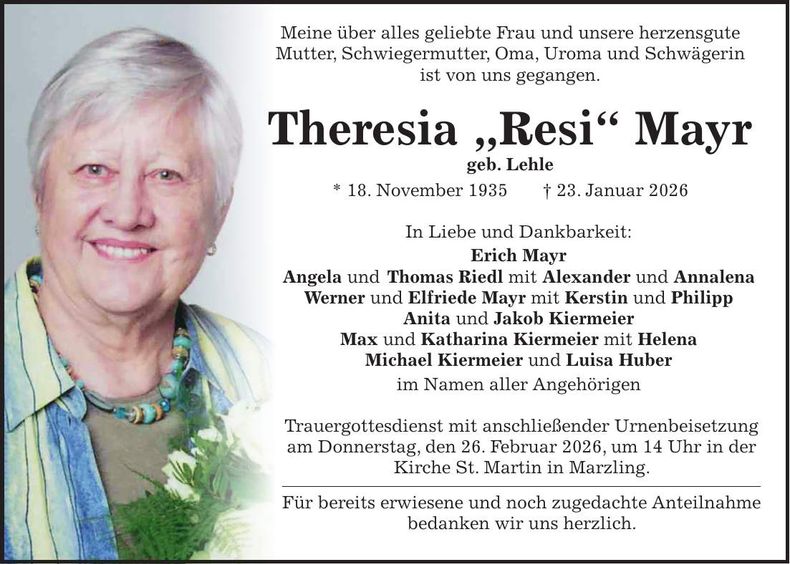 Traueranzeige Theresia Mayr