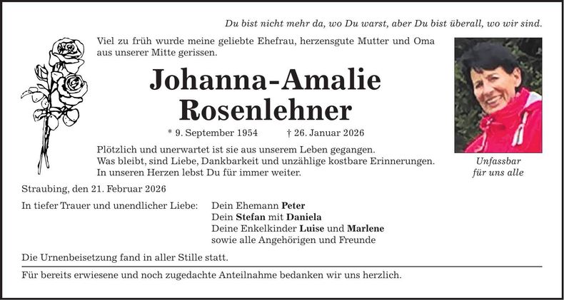 Traueranzeige Johanna-Amalie Rosenlehner