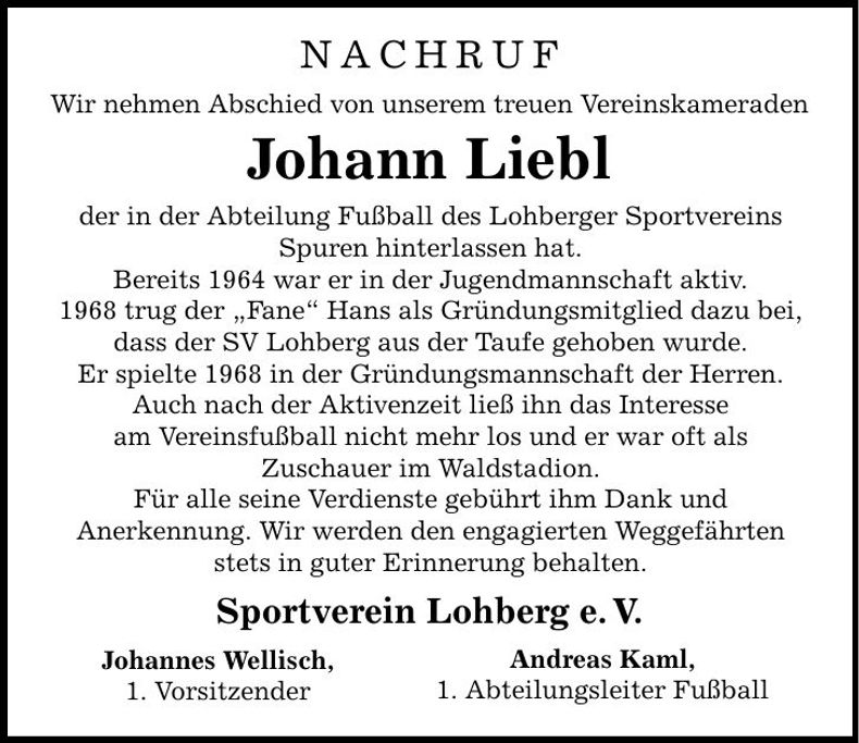 Traueranzeige Johann Liebl