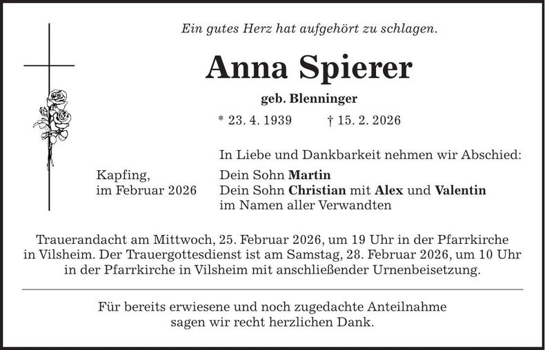 Traueranzeige Anna Spierer