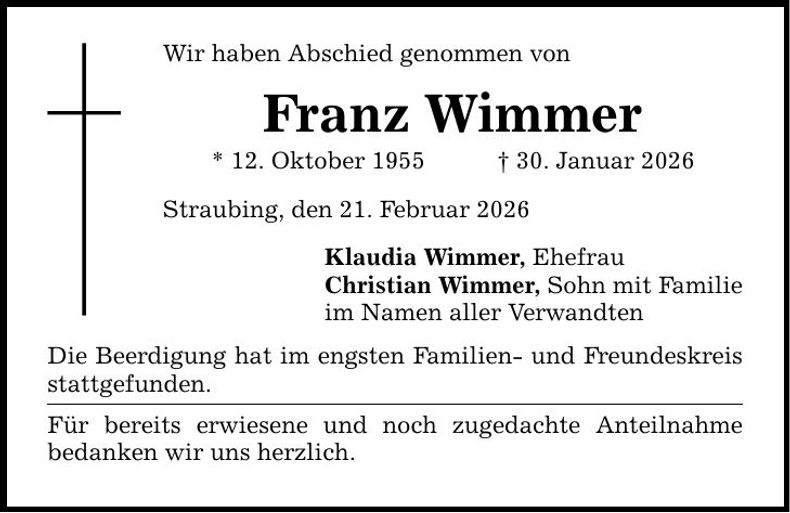 Traueranzeige Franz Wimmer