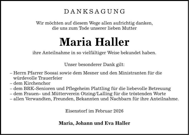 Traueranzeige Maria Haller