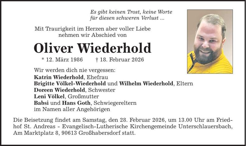 Traueranzeige Oliver Wiederhold