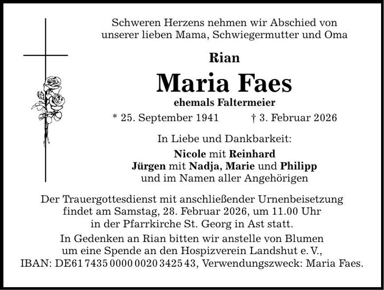 Traueranzeige Maria Faes