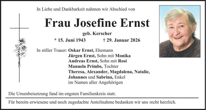 Traueranzeige Josefine Ernst
