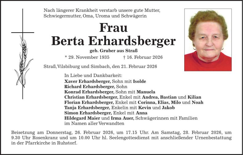 Traueranzeige Berta Erhardsberger