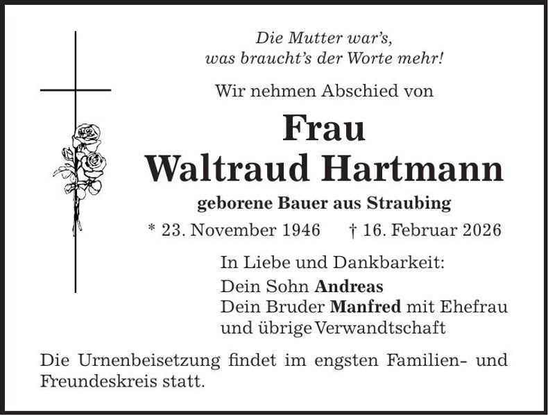 Traueranzeige Waltraud Hartmann