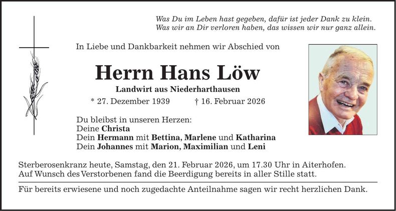 Traueranzeige Hans Löw