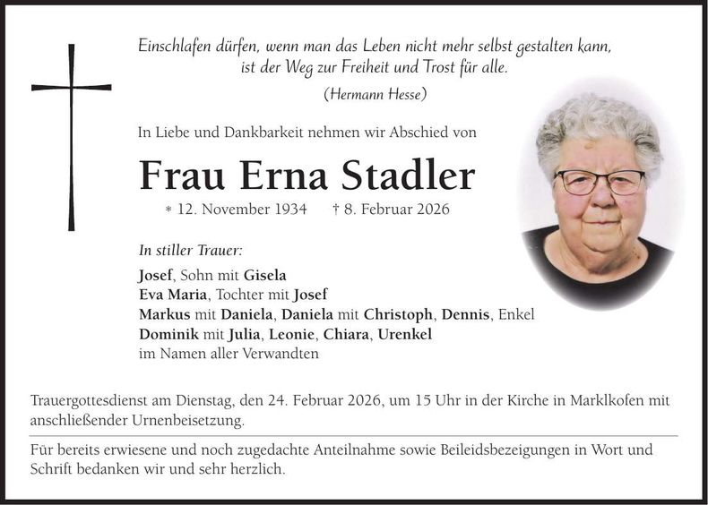 Traueranzeige Erna Stadler
