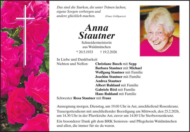 Traueranzeige Anna Stautner
