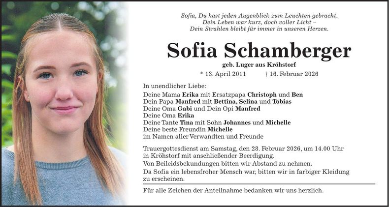 Traueranzeige Sofia Schamberger