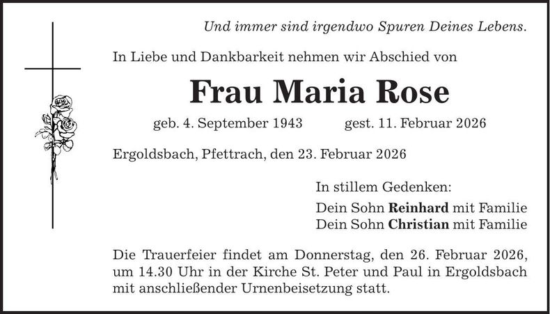 Traueranzeige Maria Rose