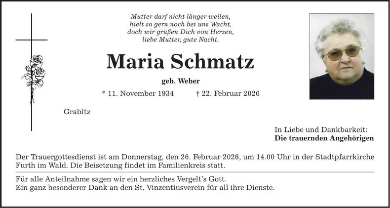 Traueranzeige Maria Schmatz
