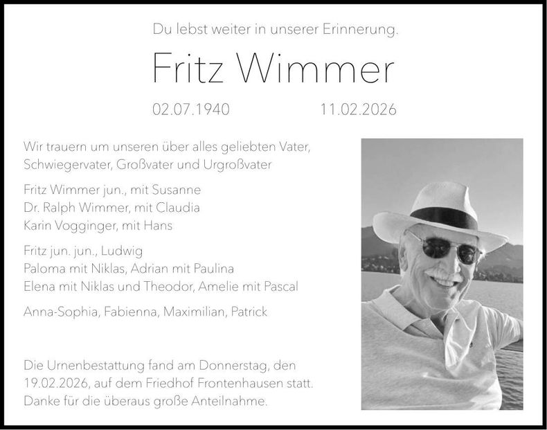 Traueranzeige Fritz Wimmer