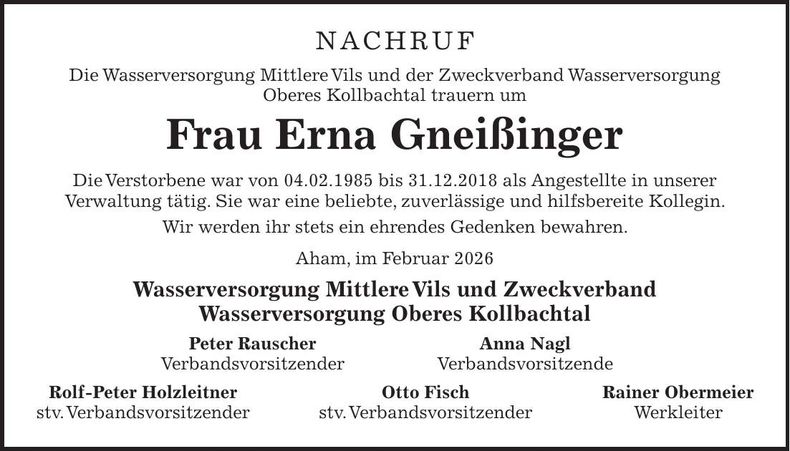 Traueranzeige Erna Gneißinger