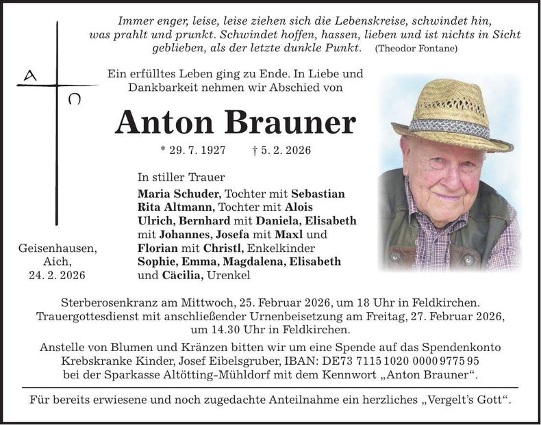Traueranzeige Anton Brauner