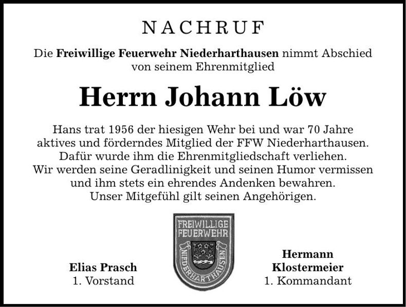 Traueranzeige Johann Löw