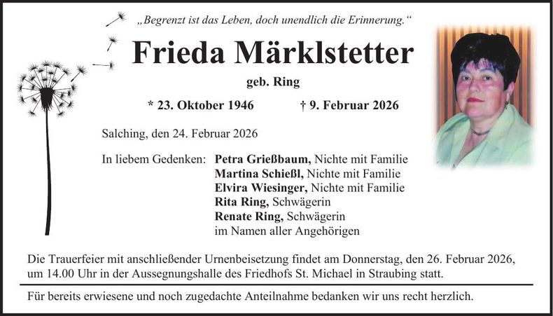 Traueranzeige Frieda Märklstetter