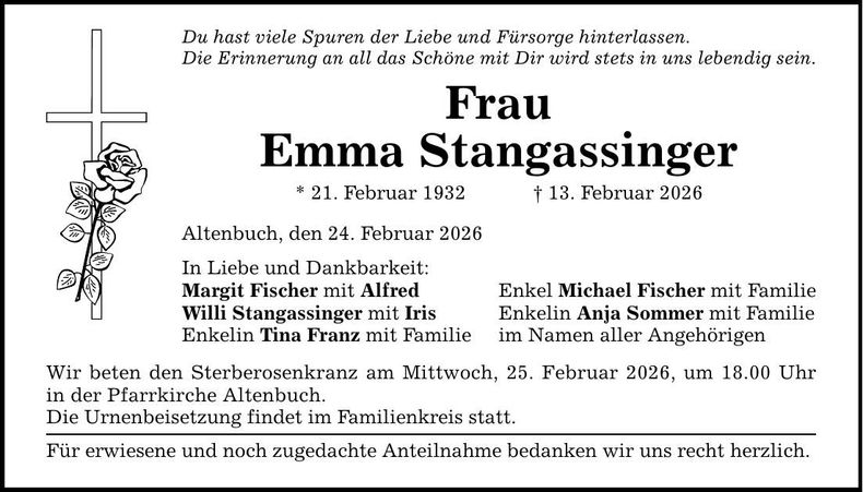 Traueranzeige Emma Stangassinger