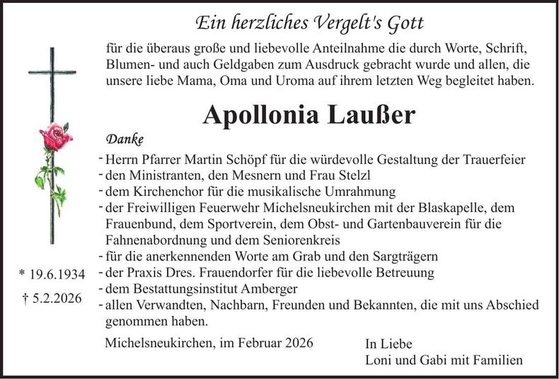 Traueranzeige Apollonia Laußer