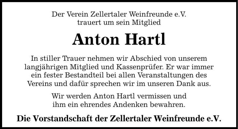 Traueranzeige Anton Hartl