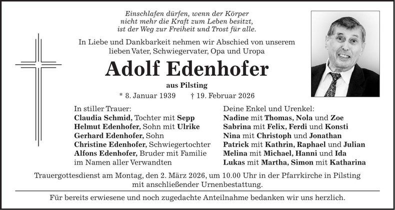 Traueranzeige Adolf Edenhofer