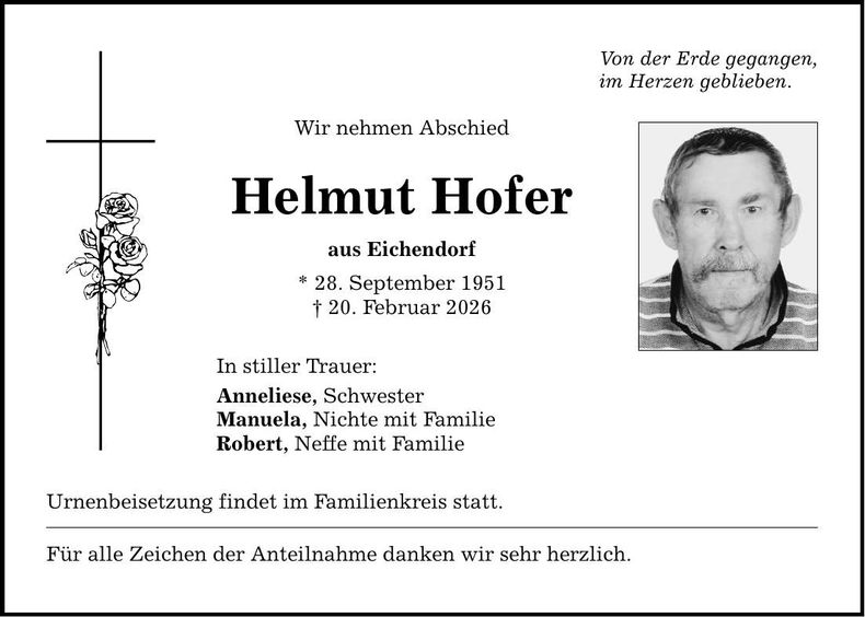 Traueranzeige Helmut Hofer