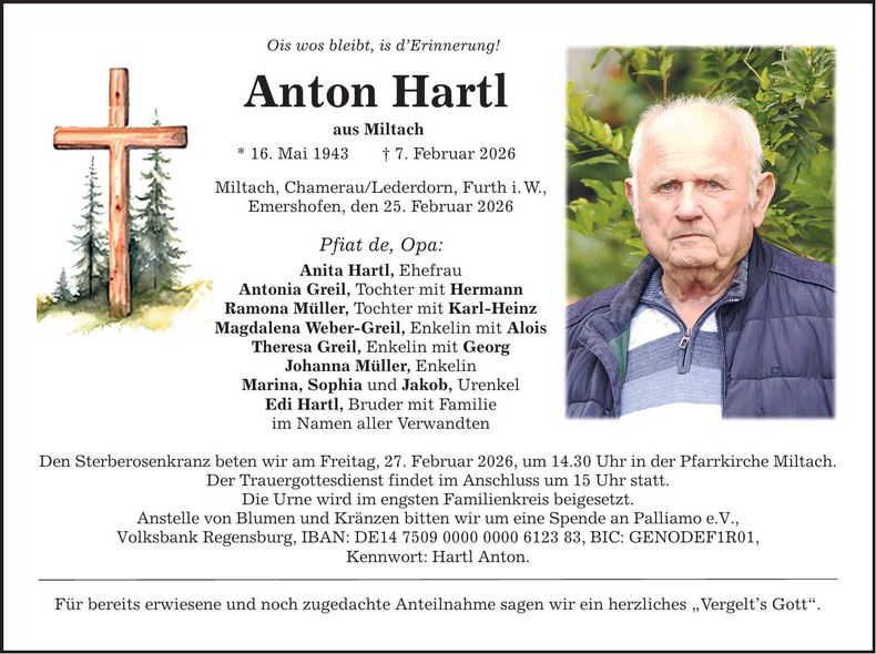 Traueranzeige Anton Hartl