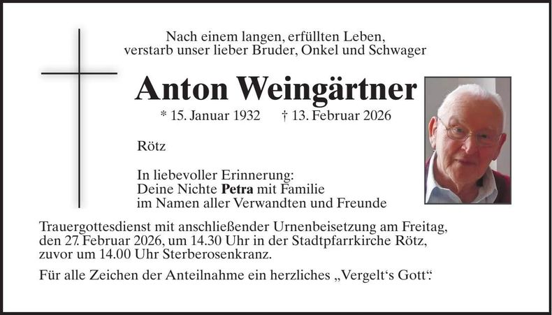 Traueranzeige Anton Weingärtner