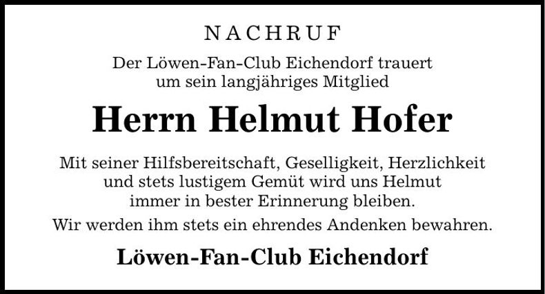 Traueranzeige Helmut Hofer