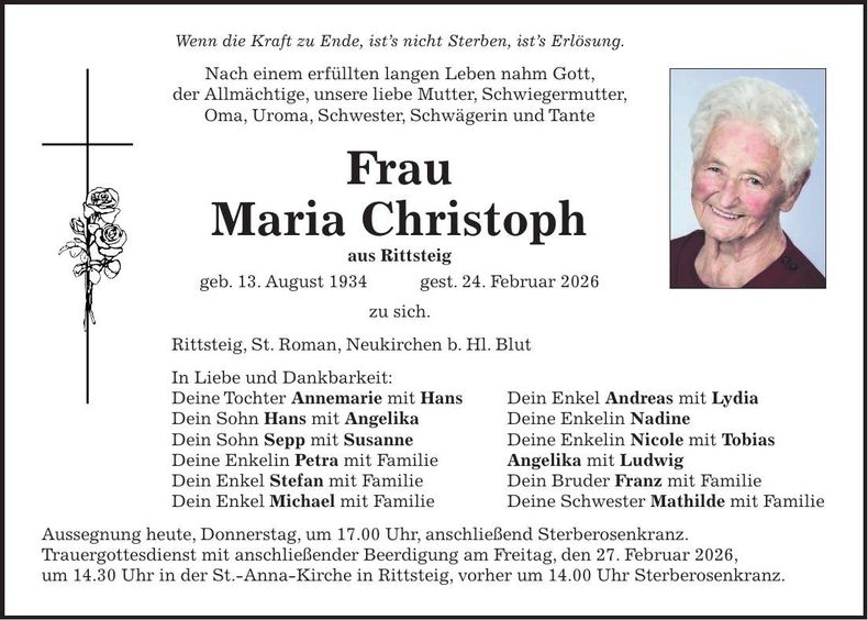 Traueranzeige Maria Christoph