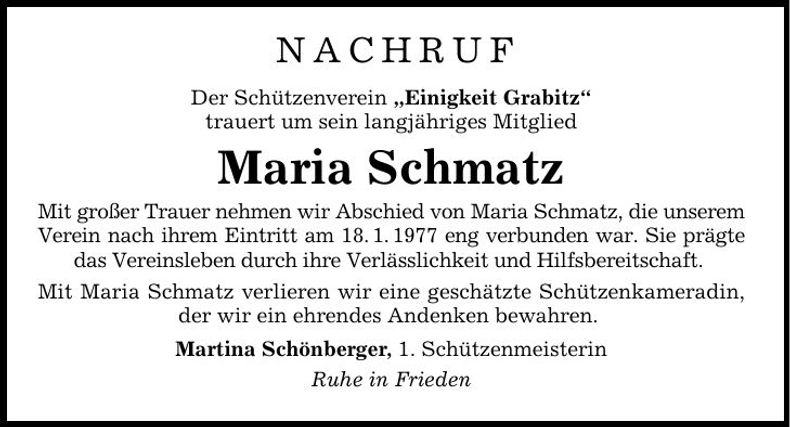 Traueranzeige Maria Schmatz