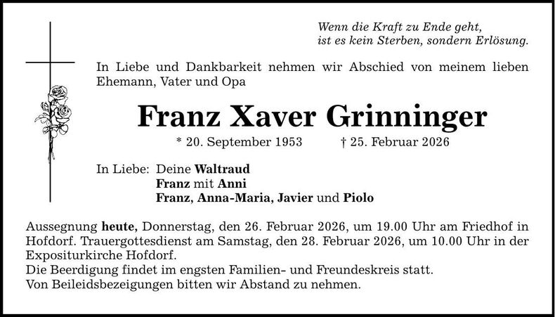 Traueranzeige Franz Xaver Grinninger