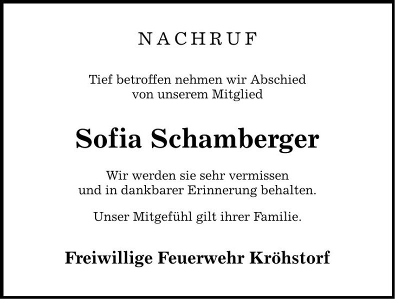 Traueranzeige Sofia Schamberger