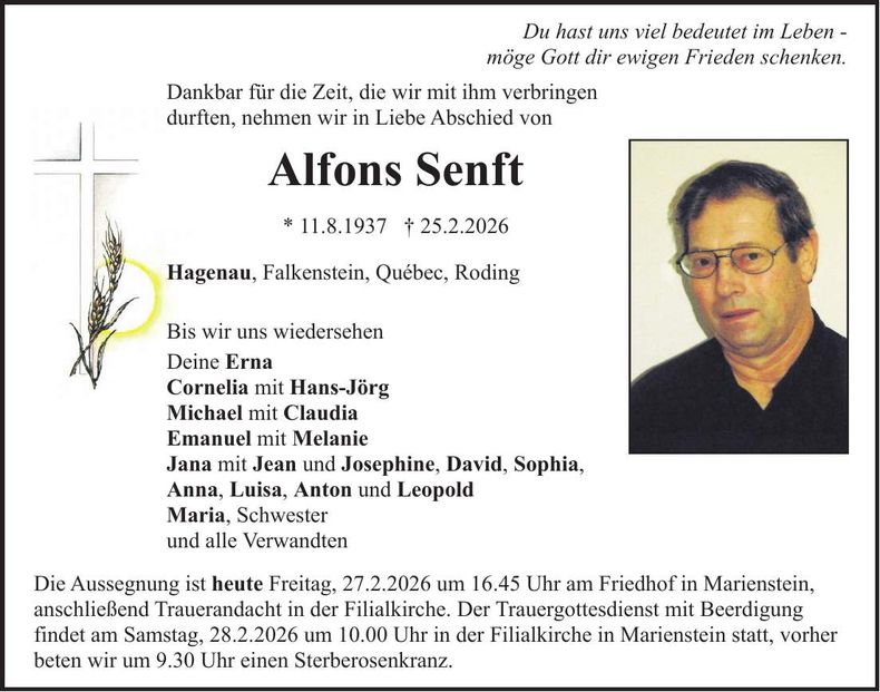 Traueranzeige Alfons Senft